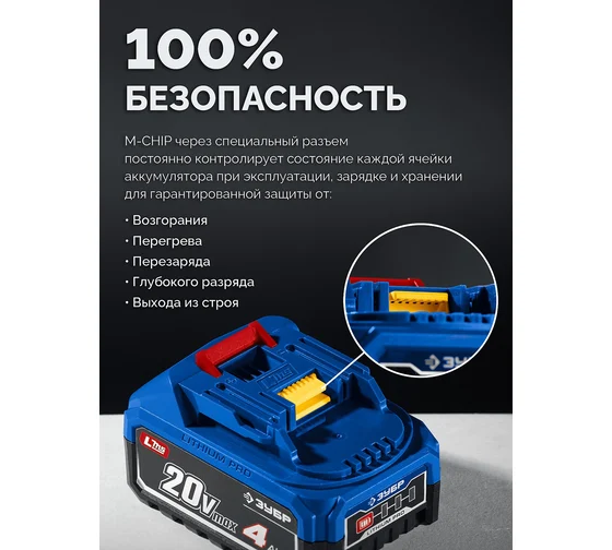 Аккумулятор ЗУБР LMS, Power PRO, 20 В, 4.0 А·ч, Профессионал BP-P-20-4 Код товара: 39863925