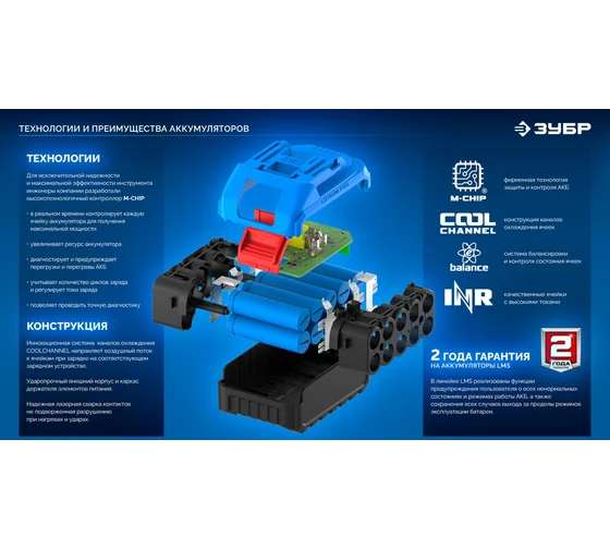 Аккумулятор ЗУБР LMS, Power PRO, 20 В, 4.0 А·ч, Профессионал BP-P-20-4 Код товара: 39863925