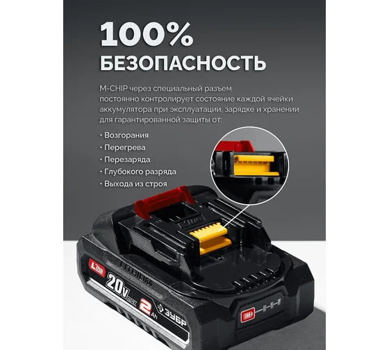 Аккумулятор ЗУБР LMS 20 В, 2.0 А·ч, АКБ-20-2 Код товара: 40245953