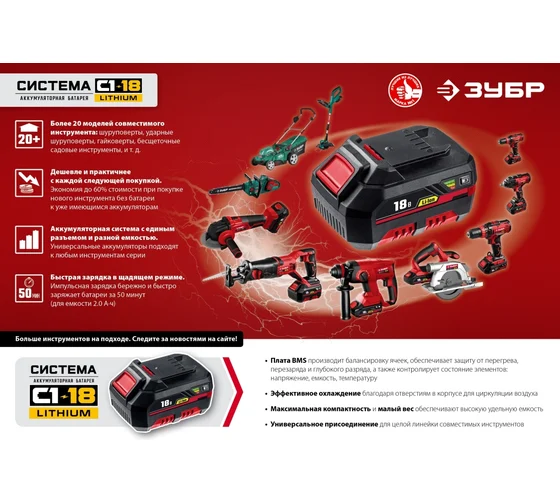Зарядное устройство ЗУБР 12 В, 1.8 А, тип С1 для Li-Ion АКБ БЗУ-С1-12 Код товара: 17832562